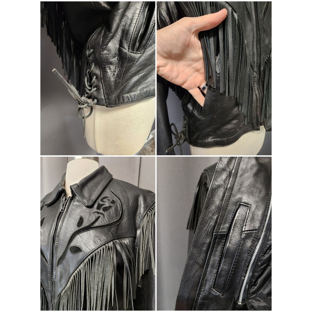 Vintage 90s Wilsons Leather Jacket Black Fringe Rose Floral Western Biker‎ Large - Picture 6 of 8